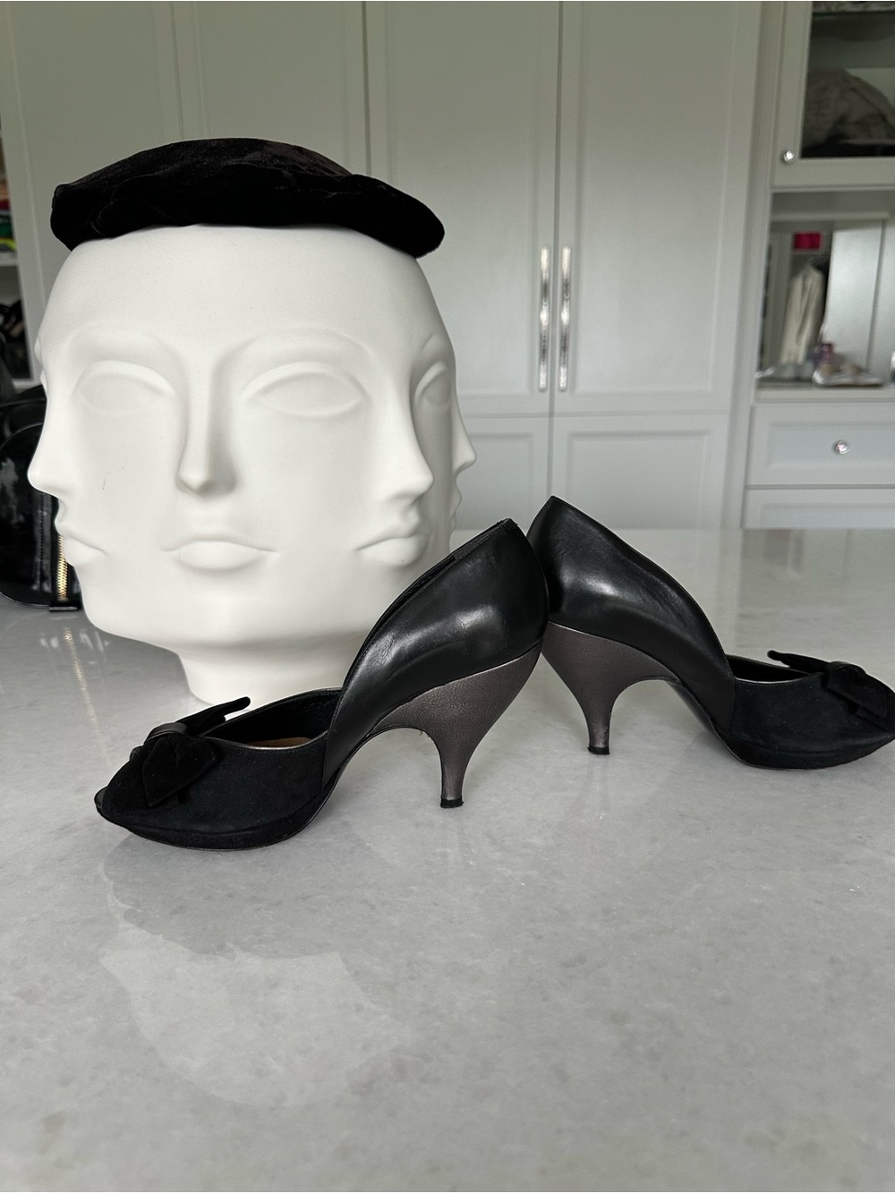 DKNY Black Suede & Leather Low Heel Pumps with Bow Accent